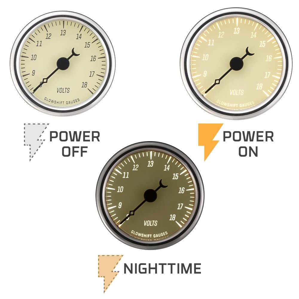 GlowShift Classic Series 8-18V Volt Voltmeter Gauge Kit - Includes Wiring Harness - Antique White Dial - White LED - Vintage Style Design - 2-1/16" (52mm) Diameter