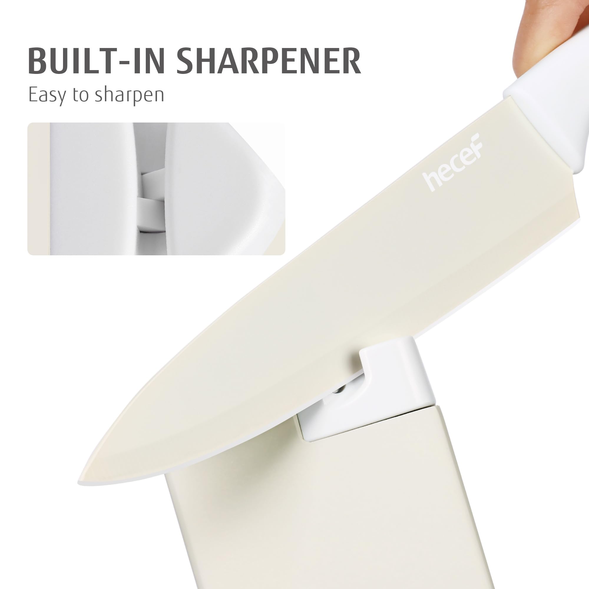 hecef Set de 14 Couteaux de Cuisine avec Bloc Aiguiseur, Revêtement Antiadhésif – Compatibles Lave-vaisselle, Manches Ergonomiques, Gain de Place, Idéal pour Cadeau ou Cuisine Moderne (Crème)