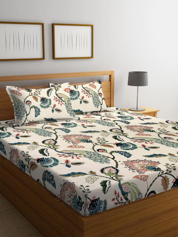 Image of NHD HOME Premium Cotton 220 TC Elastic Fitted Bedsheets with 2 Pillow Covers | Double /King Bed with All Around Elastic Wrinklefree Supersoft Breathable |Size-78 x72+10 inches | Off White & Green| TC - 220