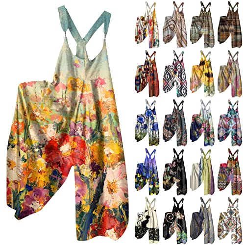 Uodsvp Women's Rompers, Overalls Harem Jumpsuit With Pockets Plus Size Romper For Women, Women's Fashion Summer Sweet Loose Casual Print Retro Strappy Jumpsuit Black Overalls Casual (M, Orange-2) #TOP19