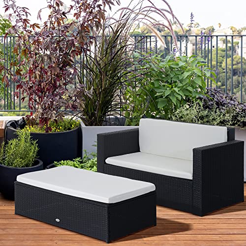 Outsunny 2 Pieces Patio Furniture Set, Wicker Loveseat Ottoman Set Outdoor Rattan Sofa Table Set with Cushion - Image 3