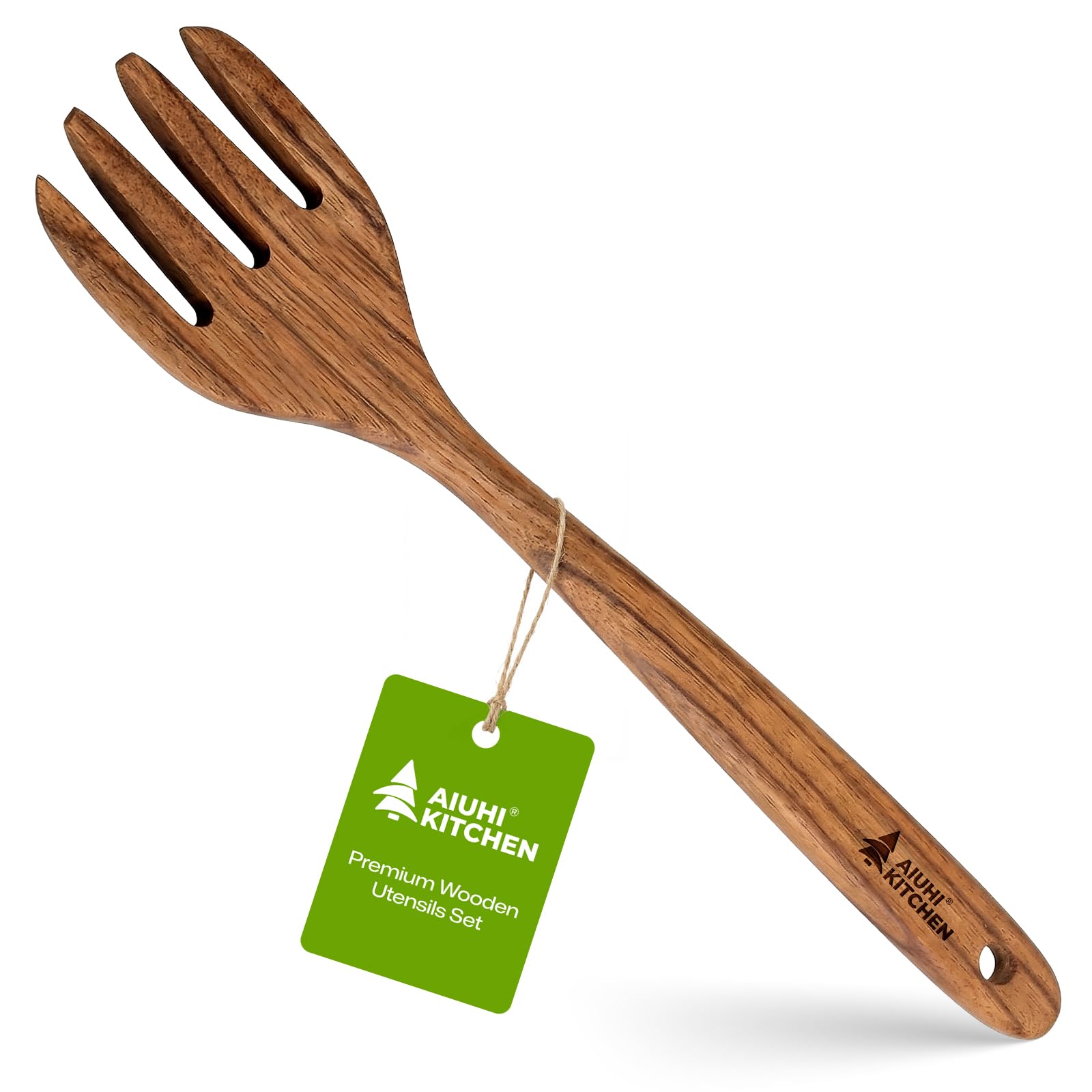 AIUHI Premium Teak Wood Salad Serving Fork, Ergonomic Handle Non-Scratch Wooden Cooking Fork, Durable Kitchen Utensil for Salad Mixing Pasta Tossing and Food Serving