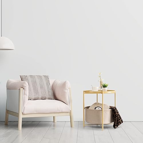 Miniatura 57 de danpinera Mesa auxiliar redonda con cesta de almacenamiento de tela, mesita de noche pequeña de metal con bandeja extraíble para sala de estar,