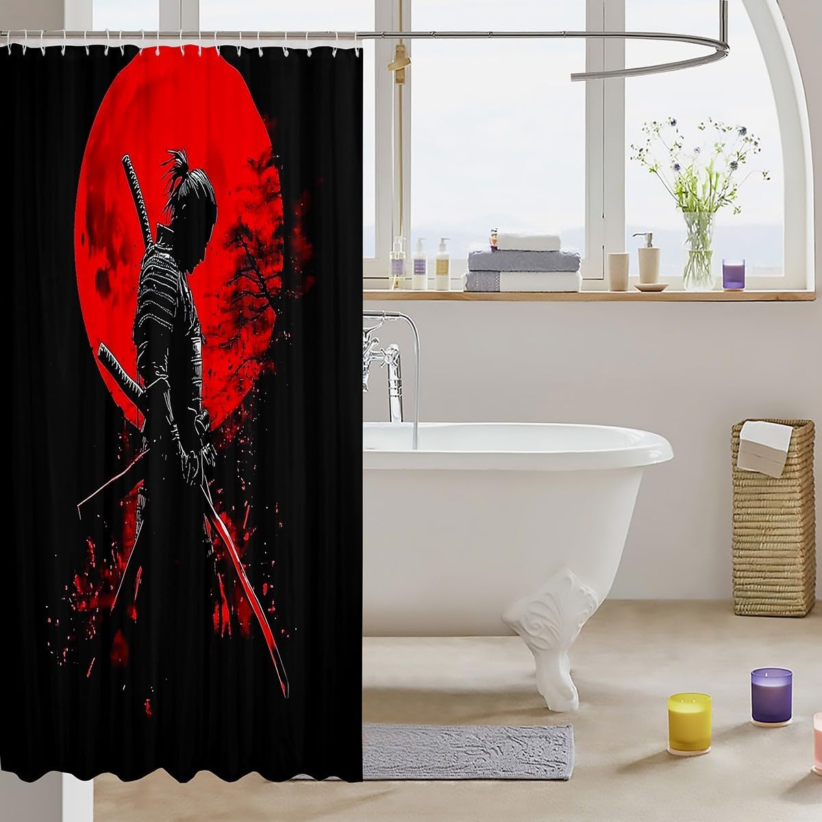Feelyou Samurai Shower Curtains Mount Fuji Bathroom Curtain for Kids Women Men Red Black Bathroom Accessories Warrior Bushido Waterproof Polyester Fabric for Stalls Bathtubs 72"x72" image 3