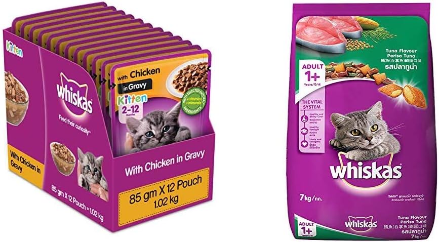 Whiskas Kitten (2-12 Months) Wet Cat Food, Chicken in Gravy, 12 Pouches (12 X 85G) & Adult (+1 Year) Dry Cat Food, Tuna Flavour, 7Kg Pack