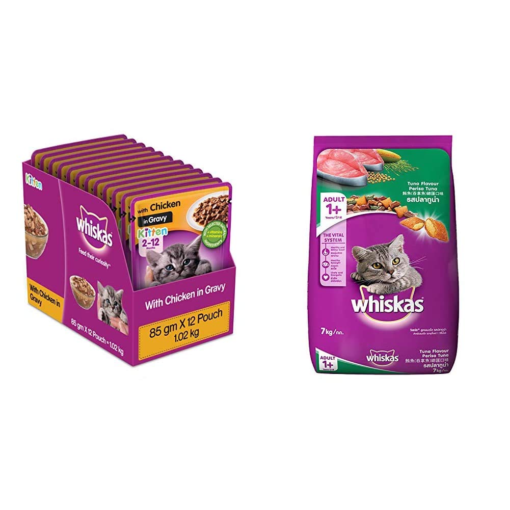 Whiskas Kitten (2-12 Months) Wet Cat Food, Chicken in Gravy, 12 Pouches (12 X 85G) & Adult (+1 Year) Dry Cat Food, Tuna Flavour, 7Kg Pack
