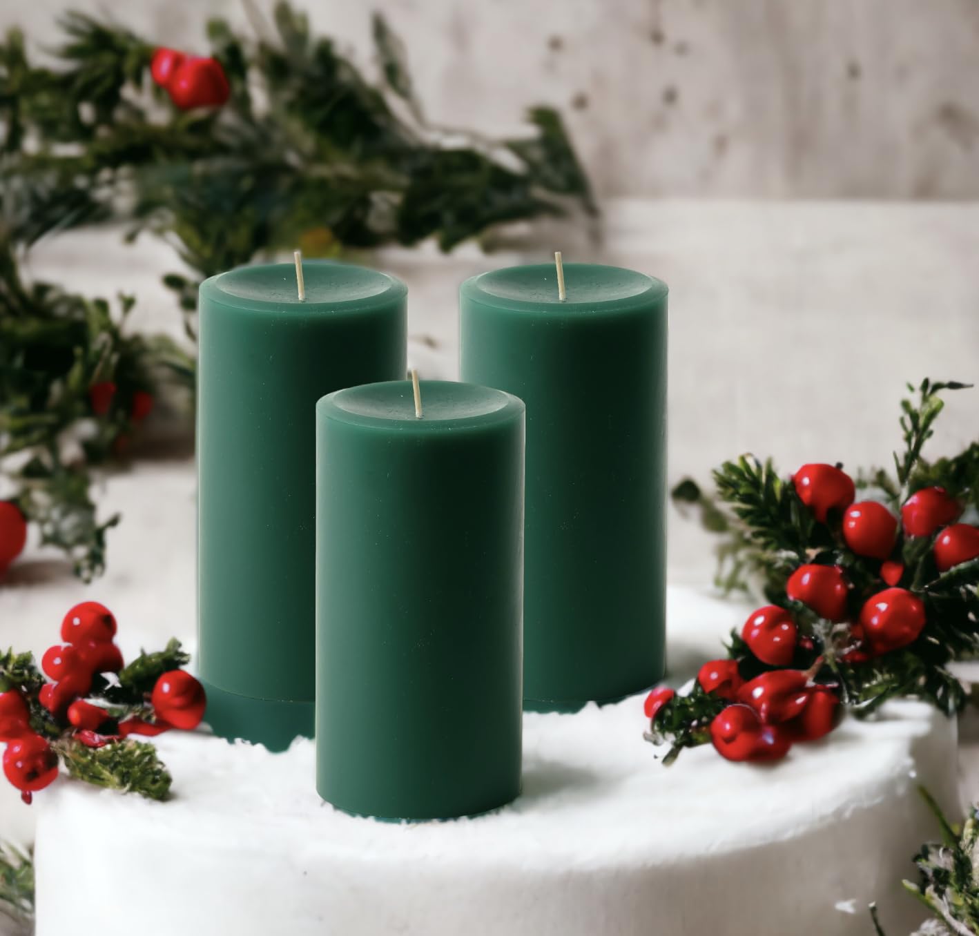 3" x 6" Hunter Green Pillar Candles (Set of 3) Unscented, Solid Color, Hand Crafted Weddings