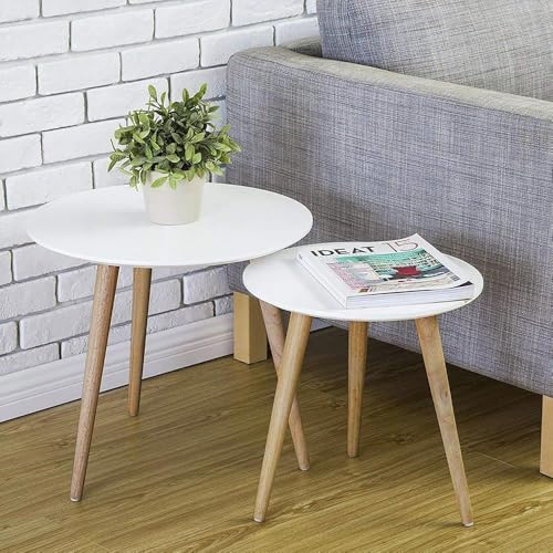 Image of Modern Wooden Nesting Side Table Set of 2 for Living Room | Space Saving Sofa Side Table | Bedside End Table | Multipurpose Accent Tables for Home Bedroom Office (White, Round Nesting)