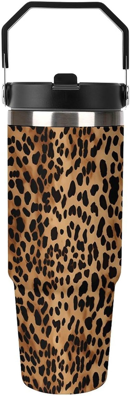 30oz Insulated Tumblers with Top Handle, Stainless Steel Leopard Patterned Wallpaper Car Cup with Straw for Gift, Leak-Proof Double Wall Vacuum Travel Mug, Personalized Water Bottles Black
