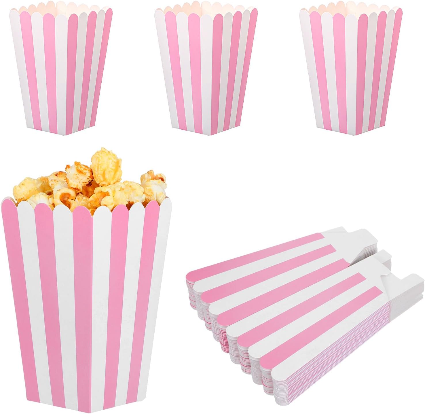 24 Pcs Pink Popcorn Boxes, Small Striped Popcorn Bags Party Favor Supplies, Snack Containers for Birthday Party Movie Night