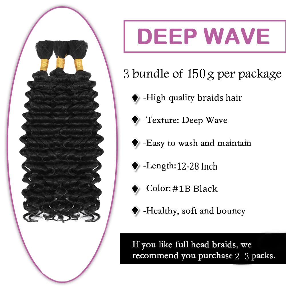 1B Natural Black Bulk hair for Braiding Deep Wave capelli umani 3 Bundles/Pack No Weft Premium Braiding Hair Extensions for Boho Braids With Minimal Tangle 18 18 18 Inch