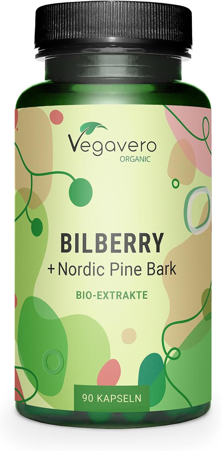 Vegavero Organic Bilberry 12,000 mg & Pine Bark | from High Strength Extracts | Premium Quality from Finland | NO Additives | 90 Capsules | Vegan