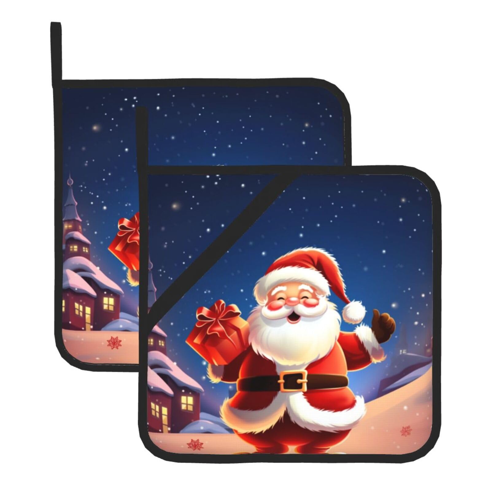 2Pcs Pot Holders with Pocket, Heat Resistant Hot Pad for Countertops, Christmas Santa Claus Potholders for Kitchen Cooking Baking Trivet