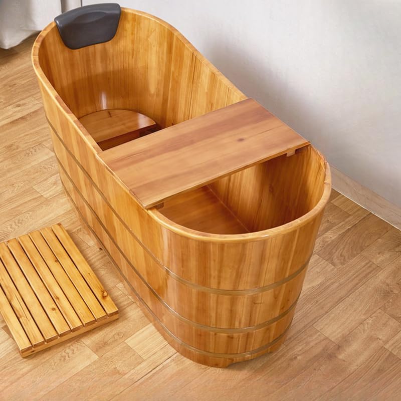 Wooden Japanese Soaking Bathtub, Natural Cedar Freestanding Double Slipper Style with Shelf, Spa Bath for Indoor Use (Wood, 63"L x 24"W x 28"H)