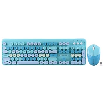 ZEBRONICS Companion 301 2.4GHz Wireless Keyboard & Mouse Combo with UV Printed, Retro Style Keys, 104 + 12 Integrated Multimedia Keys, 1600 DPI, High Precision, Zeb-Companion 301 (Aqua Green)