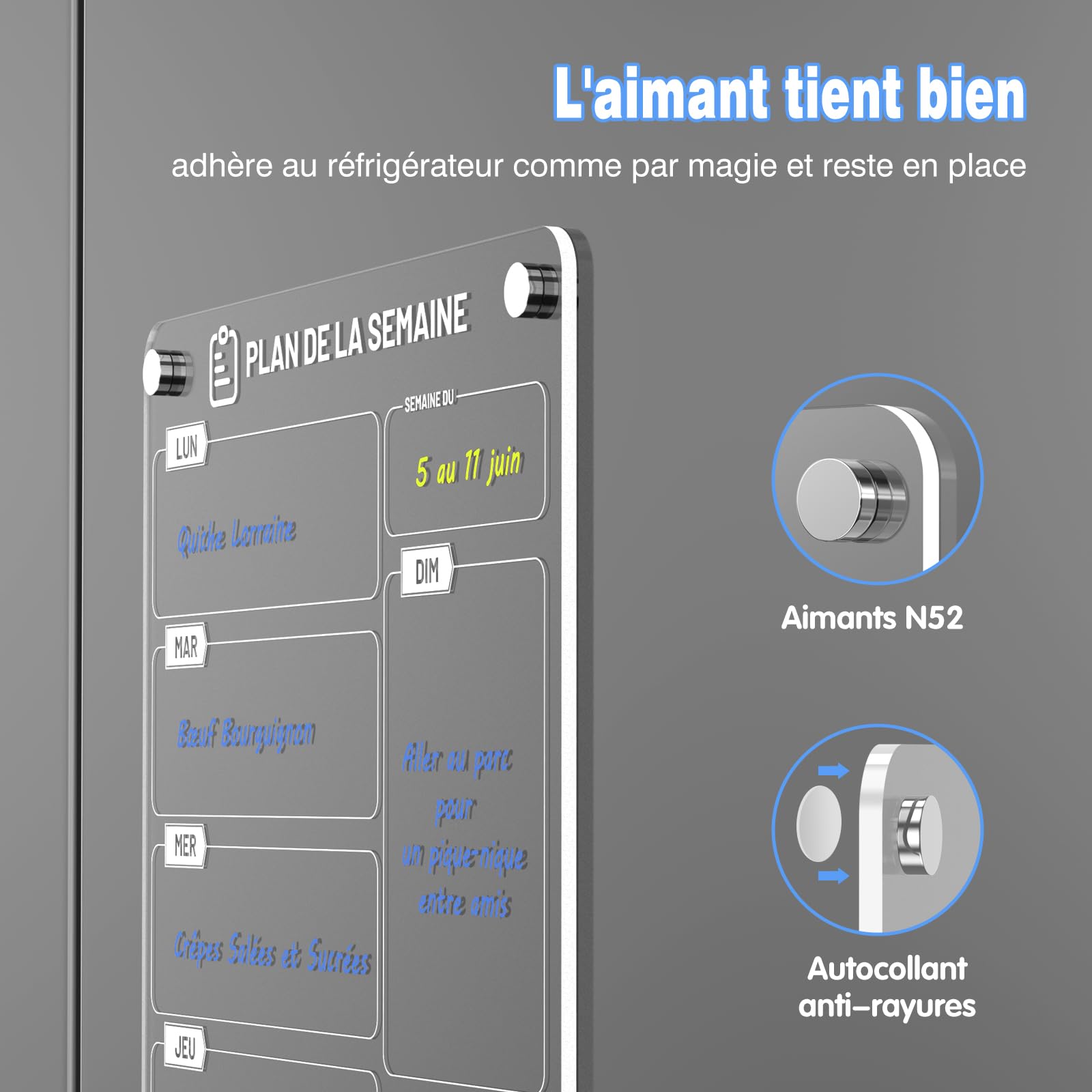 Lot de 2 Tableau Magnétique Frigo 30 x 20 cm Acrylique Planning Semaine Effaçable Transparent avec Marqueur à Craie Liquide 6 Couleurs