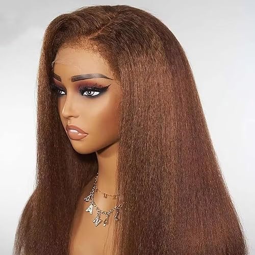 4C Kinky Edges Brown Kinky Straight 360 HD Transparent Lace Front Wig Human Hair Pre Plucked Bleached Knots Wigs 150 Density 360 Glueless Lace Wig with Curly Baby Hair Full End Brazilian Hair