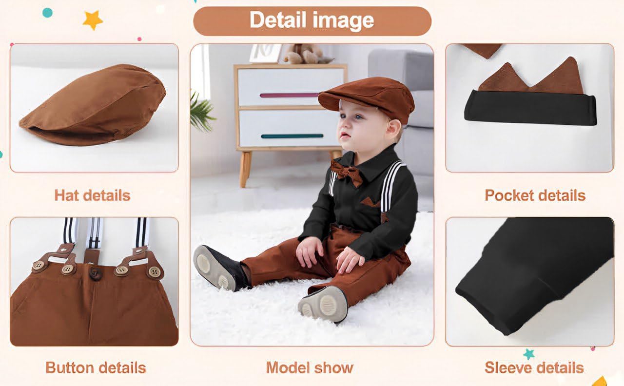FROQUILIZ Cotton Blend Classic Suspender Set For Baby Boy | Regular Fit & Stylish With Cap & Pocket | 2-Piece Full Sleeve Outfit | Comfortable & Ideal For Summers, Outings & Events - Black (3 Years) 4