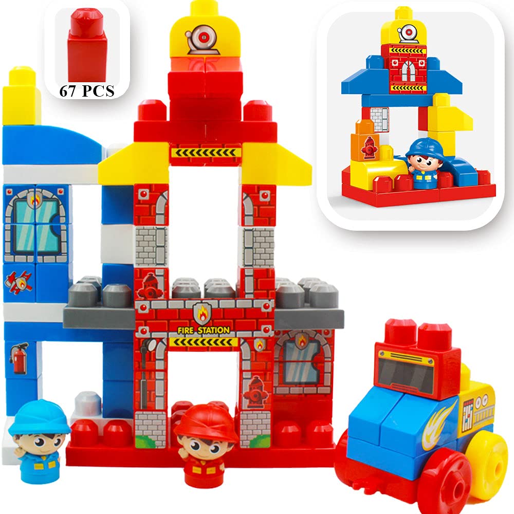 KidwalaBuilding toys for boys building blocks fire station with two firefighters and fire truck STEM toys for 3 Year Old (67 pcs)