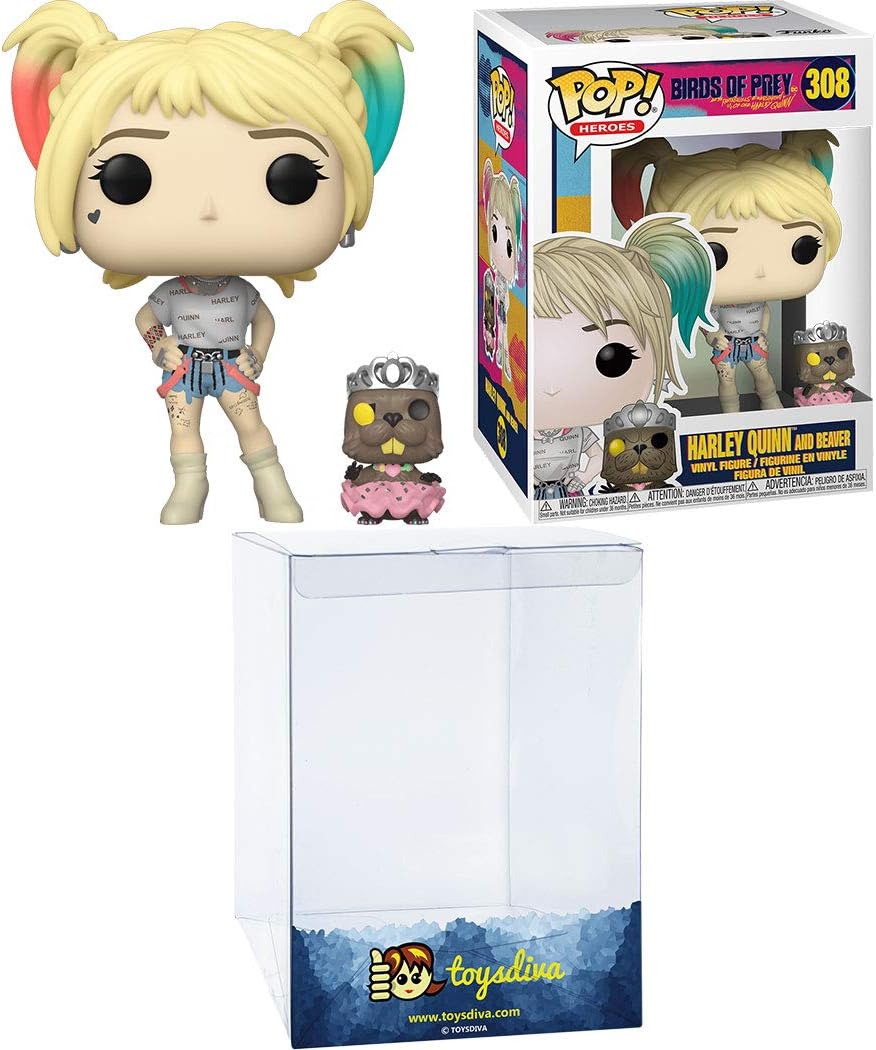 Harley Quinn and Beaver: Funk o Pop! Heroes Vinyl Figure Bundle with 1 Compatible 'ToysDiva' Graphic Protector (308 - 44378 - B)