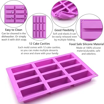 3Pcs Chocolate Bar Moulds,12 Cavity Nutrition Energy Cereal Bar Moulds Silicone Rectangle Molds for Chocolate Truffles Bread Brownie Cornbread Cheesecake Butter Mold