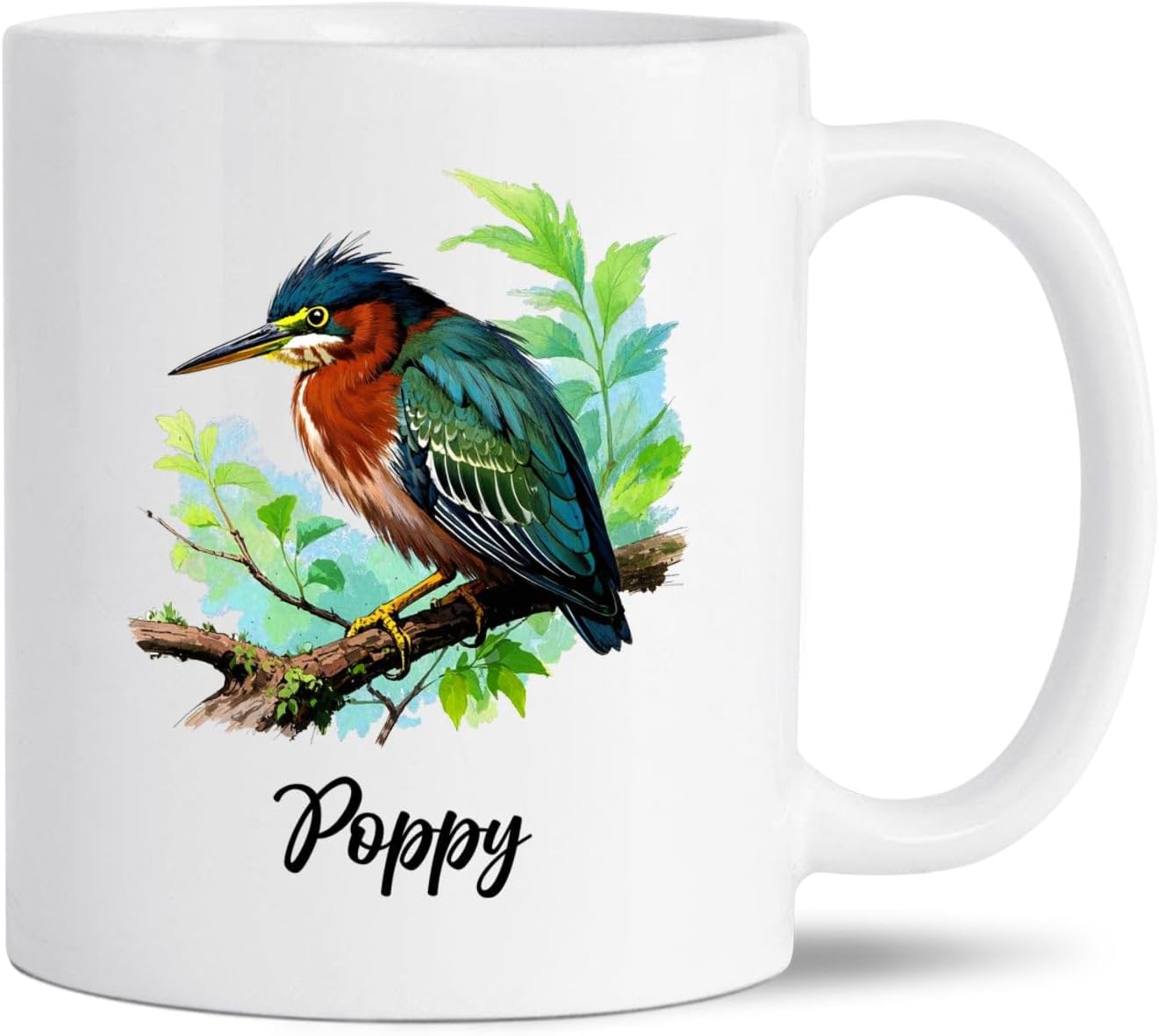 Personalized Green Heron Ceramic Mug, Bird Enthusiast Cup Gift, Customized Name Green Heron Bird Lovers White Coffee Mug 11Oz 15Oz, Birds Watercolor Mugs, Herons Travel Cup Gifts For Men Women