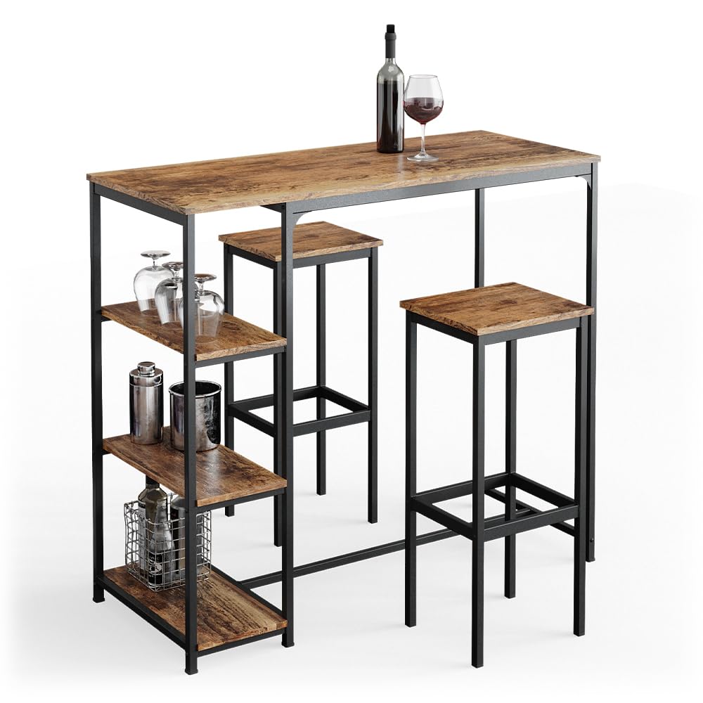 Vicco Set de Table de Bar Fyrk, Bois Antique, 120x50cm avec étagères et 2 tabourets de Bar, Convient aux comptoirs et Plans de Cuisine, empilable pour Le Rangement
