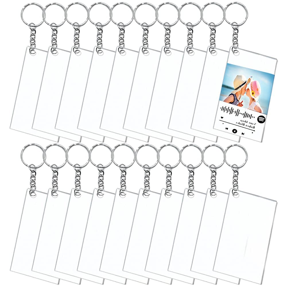 NALACAL 20 Pcs Acrylic Keychain Blanks, Song Key Chain Blanks, 20 Transparent Rectangle Discs with 20 Metal Keyrings and 20 Jump Rings for DIY Tags, Custom Vinyl (2 x 4 Inch)