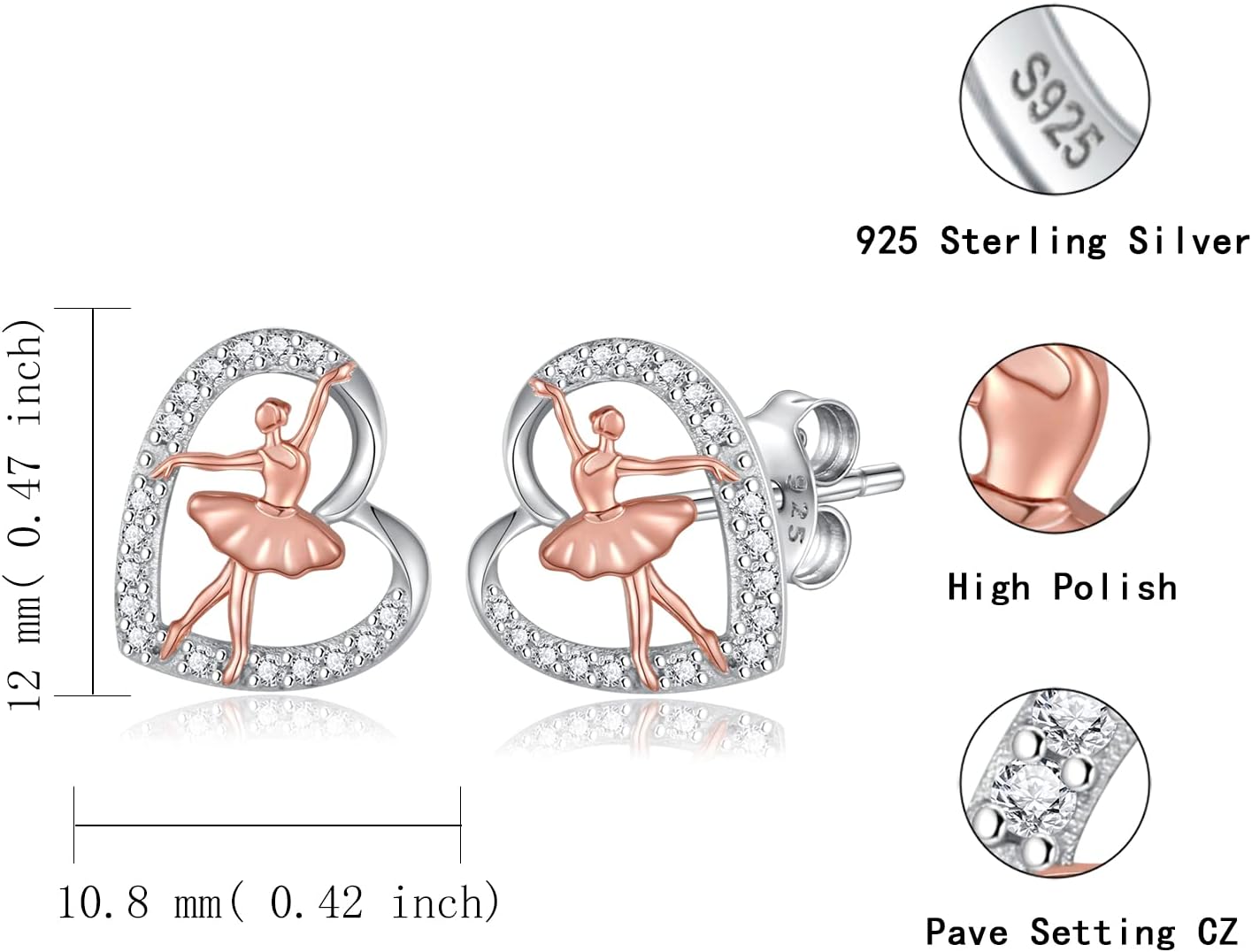 925 Sterling Silver Ballet Dance Earrings Ballerina Heart Stud Jewelry Gifts for Women Dancer - Image 6
