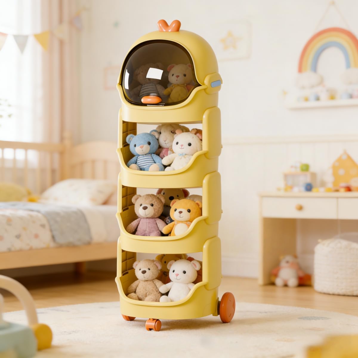 Space Duck Toy Storage Organizer with Wheels & Top Lid, 4 Tier Foldable Kids Storage Shelf, Stackable Rolling Cart with Brakes for Baby Nursery, Playroom, Bedroom