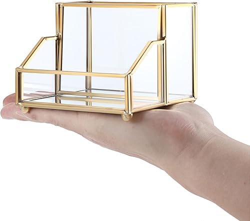 Miniatura 9 de Hipiwe Soporte de cristal para tarjetas de visita con organizador de bolígrafoslápices, soporte dorado para tarjetas de presentación para encimera