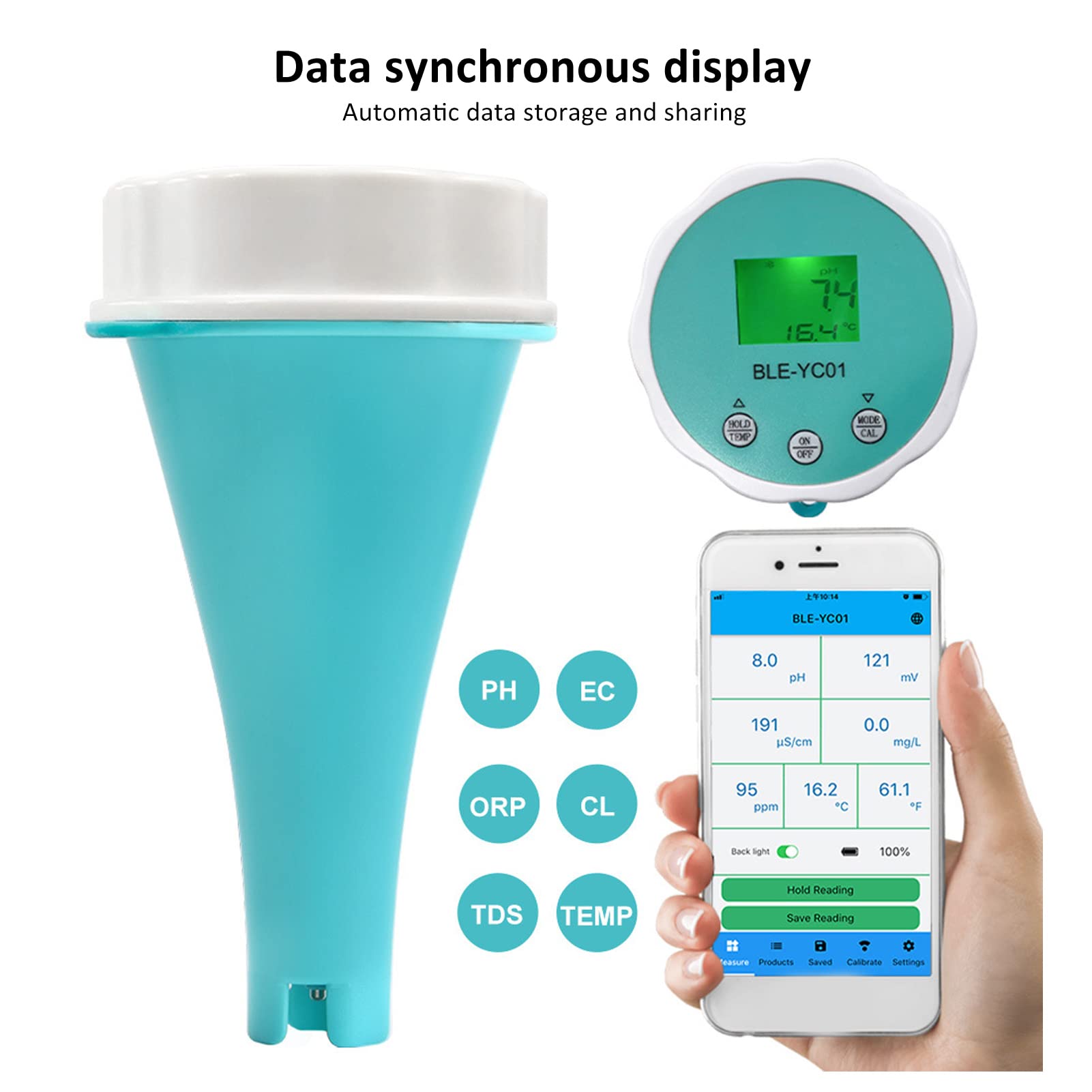 Tester Wody w Basenie, 6 w 1 Miernik Ph Orp Ec Tds Temp Cl z Połączeniem Aplikacji Bluetooth i Automatycznym Zapisem Danych Udostępnij Tester Jakości Wody Zasilany Bateryjnie