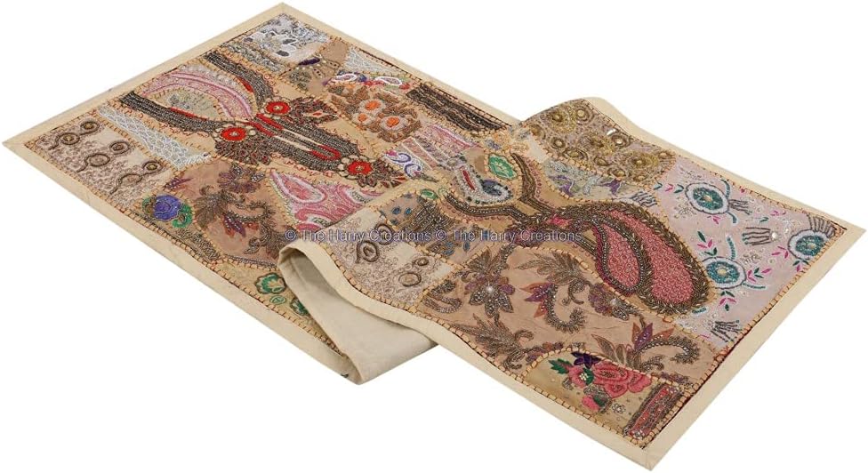The Harry Creations Ethnic Table Cloth Beads Handmade Cotton Decorative Embroidered Indian Dinning Patchwork Decor Art Room Table Runner (Beige, 16" x 60")