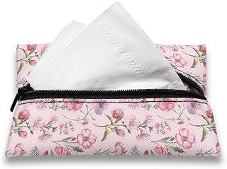 chaqlin Pink Tissue Box Cover Butterfly Floral Print Pocket Tissue Holder for Purse Zipper Enclosed Travel Tissue Case Mini Tissue Box Holder for Bathroom