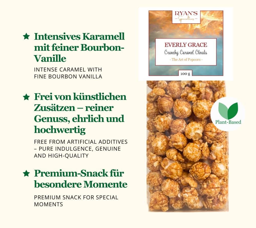 Everly Grace Popcorn – Crunchy Caramel Clouds, 600 g – Seau de popcorn au caramel sucré et vanille bourbon, fait main en Allemagne