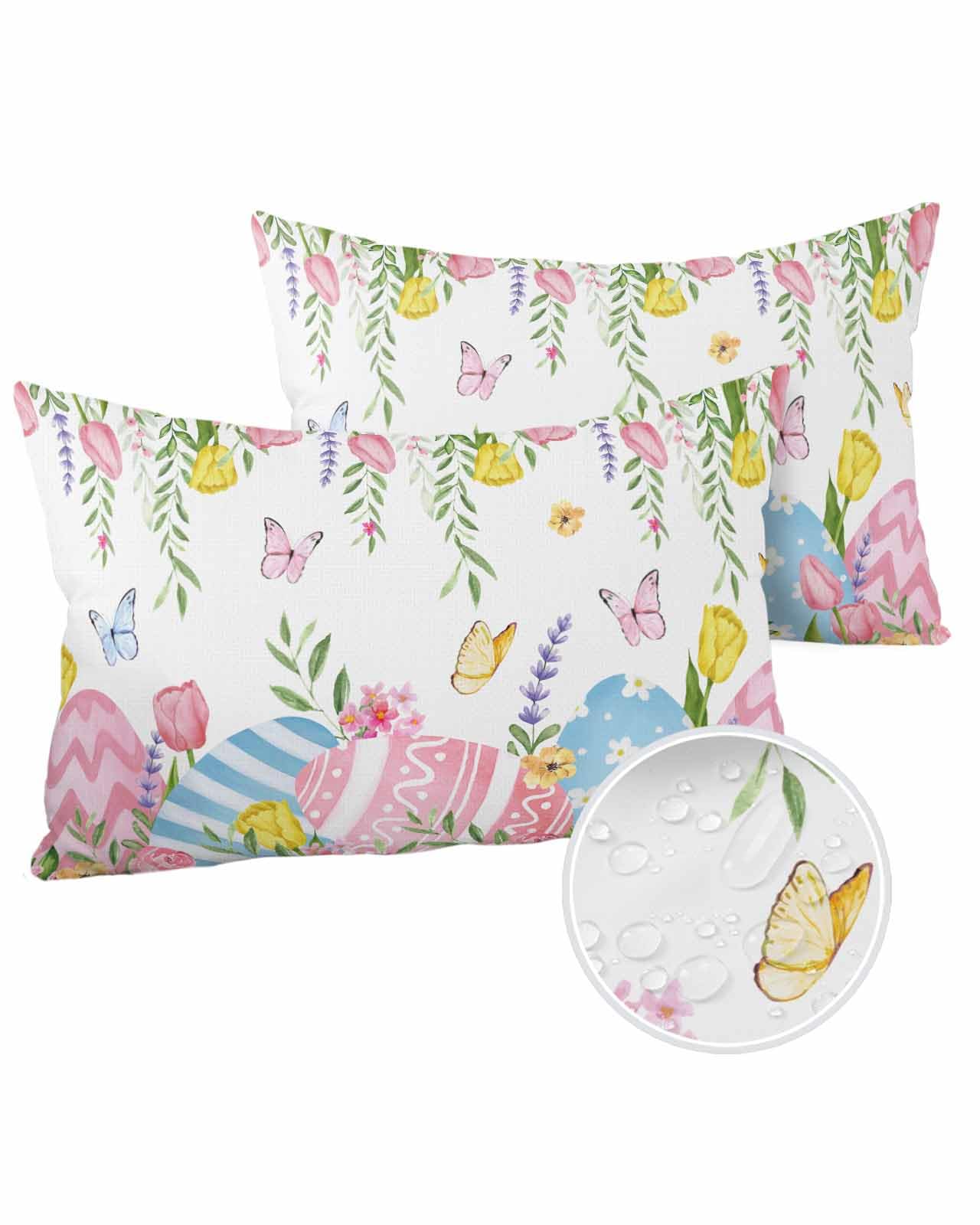 Boanket Lumbar Pillow Covers 12 x 20 in, Spring Easter Waterproof Throw Pillow Cover Set of 2, Floral Botanical Easter Eggs Home Decorative Rectangle Cushion Covers for Patio/Tent/Couch/Garden