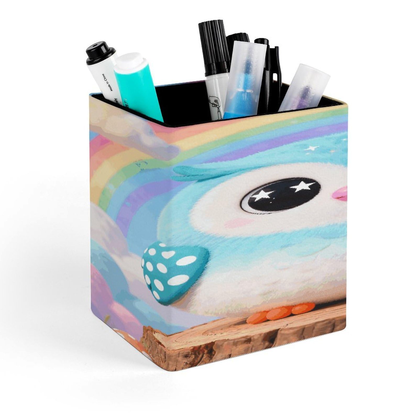 LZQPOEAS Owl Square Pen Pencil Holder PU Leather Pencil Cup Desktop Stationery Organizer Office Accessories Container