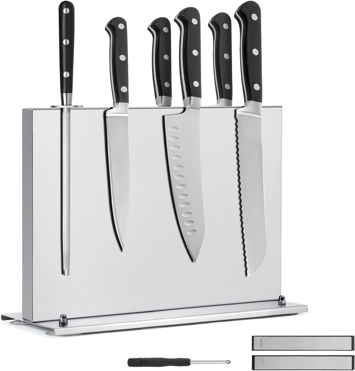 Magnetic Knife Holder, Stainless Steel Magnetic Knife Block with Sharpener, Double Sided Strong Magnet Knife Storage for Kitchen Counter, Anti-movement Suction Cup Base Magnetic Knife Holder, Stainless Steel Magnetic Knife Block with Sharpener, Double Sided Strong Magnet Knife Storage for Kitchen Counter, Anti-movement Suction Cup Base