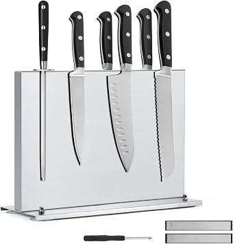 Magnetic Knife Holder, Stainless Steel Magnetic Knife Block with Sharpener, Double Sided Strong Magnet Knife Storage for Kitchen Counter, Anti-movement Suction Cup Base
