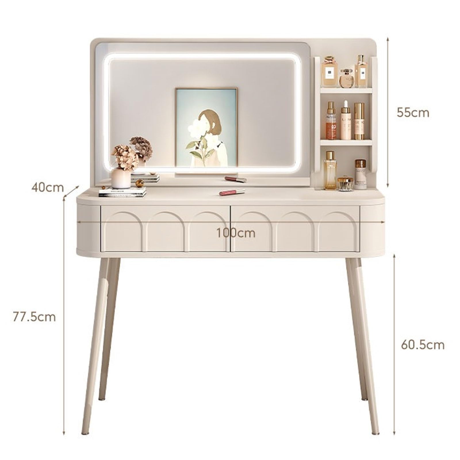 Tavolo da toeletta con luci a specchio, elegante scrivania con cassetti e mensola, ideale per piccoli spazi e organizzazione del trucco