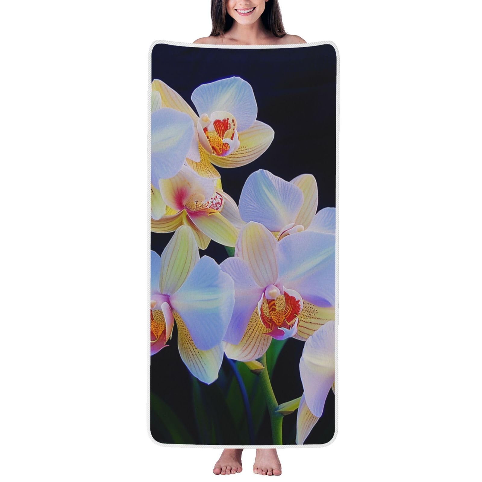 WPKJU Orchids Print Printed Bath Towel with White Edging - 27x55 in Soft Extra Absorbent Coral Velvet Shower Towels for Bathroom