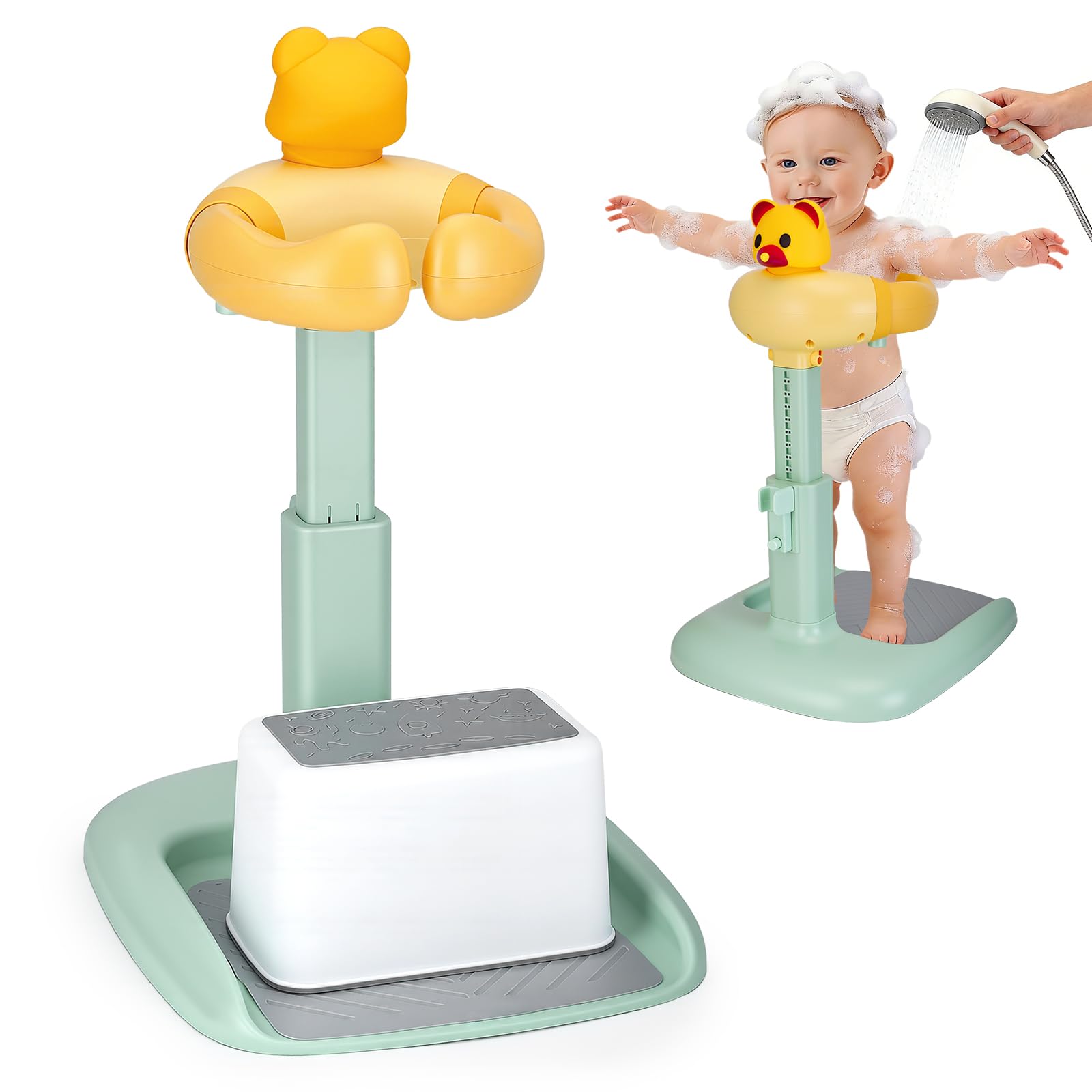 Soporte Ducha Bebé con Asiento, Ajustable y Antideslizante 6-36 Meses | ABS sin BPA, altura 47-62 cm, reposabrazos 17-27 cm, soporte para ducha, asiento y base antideslizante para baño y cuidado