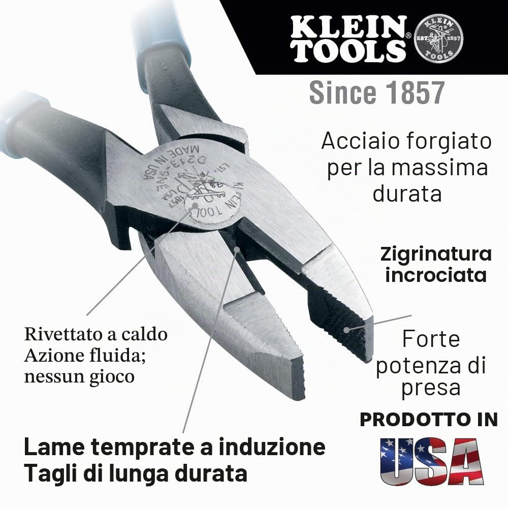 Klein Tools D213-9NE, Pinze da tecnico di rete, prodotte negli Stati Uniti, taglierine laterali da 22,9 cm, alta leva, tagliano rame, alluminio e altri metalli teneri