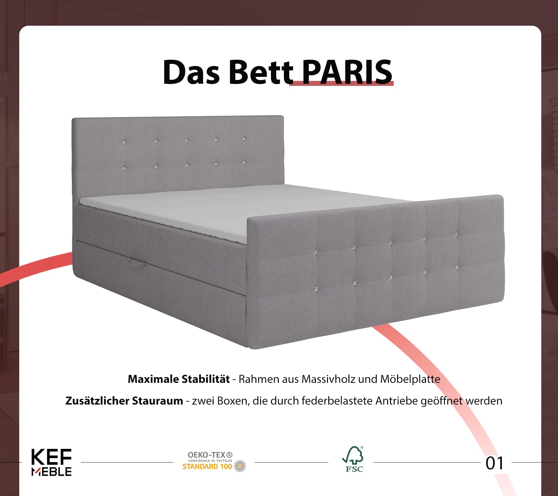 KEF Paris Boxspringbett 160x200 cm - Bett mit Matratze und Topper - Doppelbett mit Bettkasten - Polsterbett mit Kopfstütze - Bonell-Matratze H3 - Weiß Kunstleder