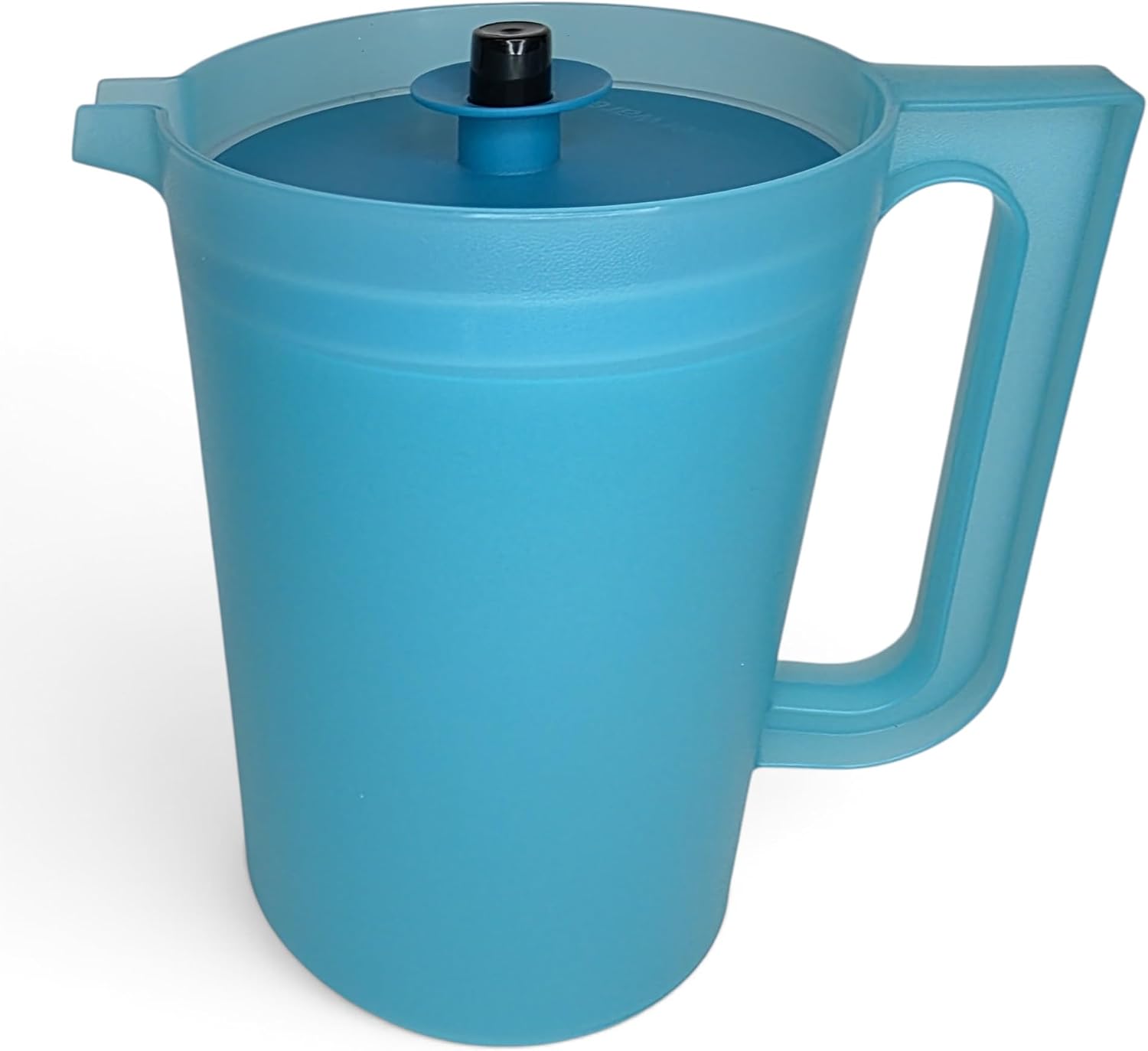 Tupperware 2 Quart Pitcher Classic Sheer in Aqua Blue with Navy Blue Push Button and Aqua Blue Seal New