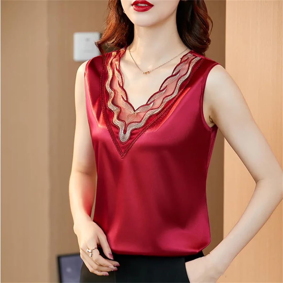 Canotta estiva da donna, senza maniche, con scollo a V, in raso, slim