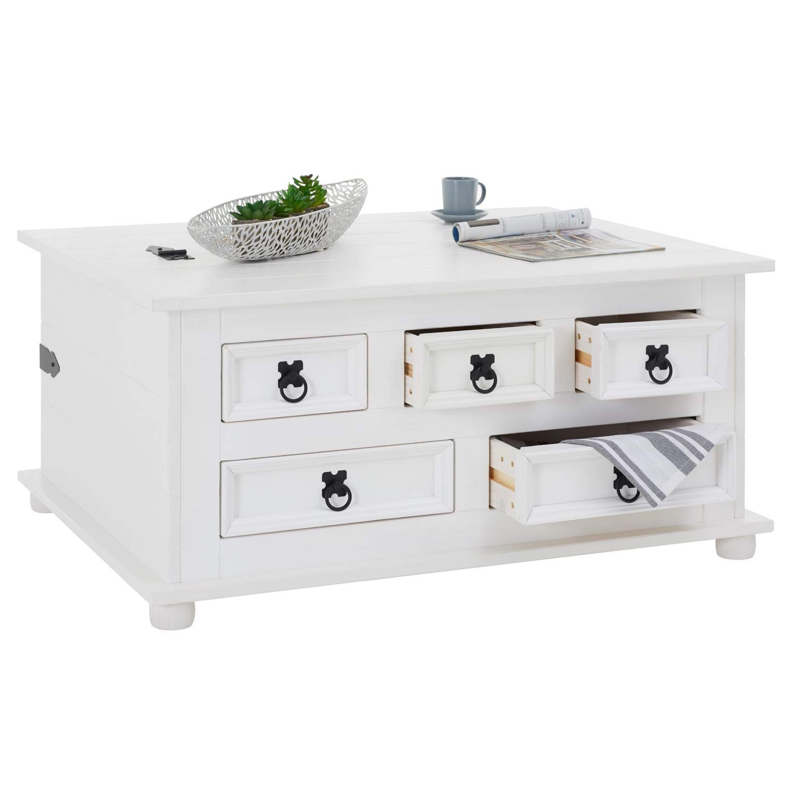 IDIMEX Table Basse de Salon Tequila Coffre Malle de Rangement rectangulaire en Bois Style Mexicain avec 5 tiroirs, en pin Massif lasuré Blanc