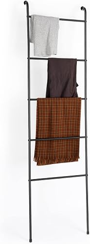 Towel Blanket Ladder Black Metal Blanket Ladder Holder Industrial 5 Tier Wall Leaning Ladder Rack for Bathroom Living Room Laundry Room (Matte Black)