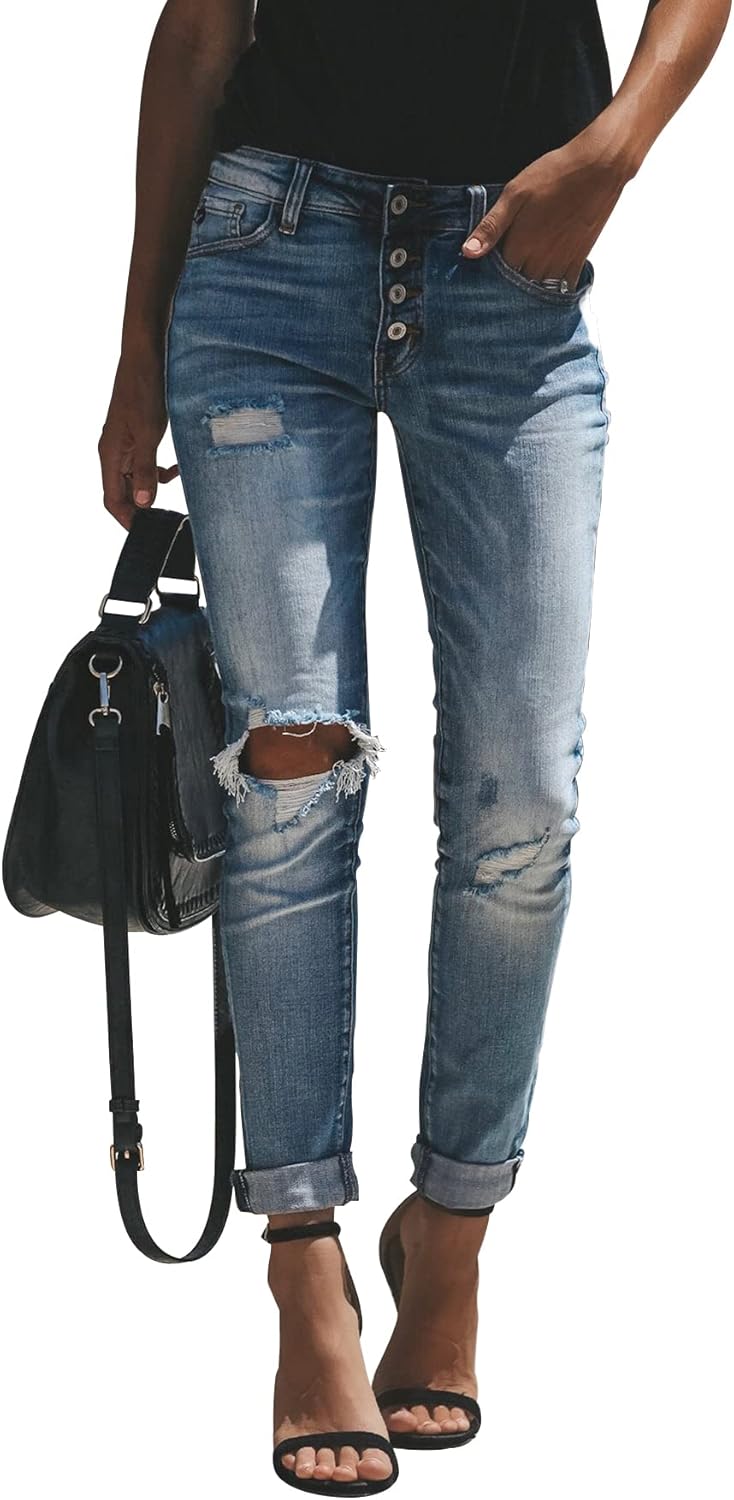 KUNMI Women's Ripped Mid Waisted Boyfriend Jeans Loose Fit Distressed Stretchy Denim Pants