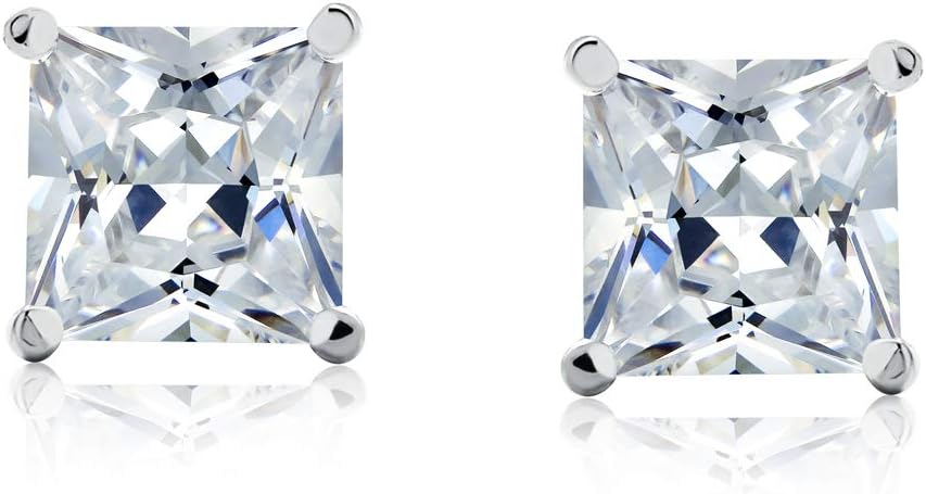 Black or Clear Brilliant Cut Square Princess Solitaire AAA CZ Stud Earrings For Men Women Secure Screw back Black Plated .925 Sterling Silver 5 6 7 8 9 MM